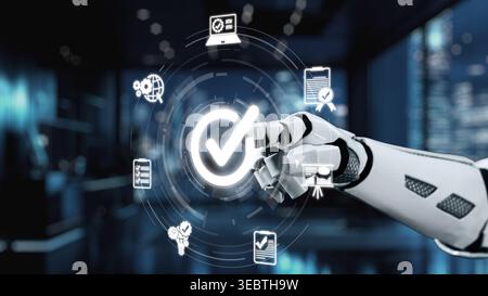 A futuristic robotic hand engages with digital icons representing technology and data in a modern business environment. This image symbolizes Stock Photo