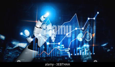 A robotic hand interacts with vibrant digital data visualizations, showcasing technology impact on business analytics and the future of innovation Stock Photo