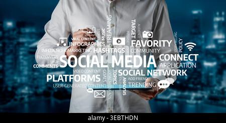 Explore the dynamic world of social media through this visually engaging image featuring key concepts, digital icons, and strategies for successful Stock Photo