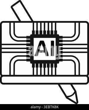 Microchip with letters AI and stylus. Line vector illustration for artificial intelligence design tools, smart editing concepts. Stock Vector