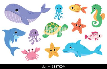 Cute cartoon sea animals collection. Design for kids. Vector illustration in a flat style, isolated on a white background. Stock Vector