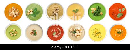Different tasty soups in bowls isolated on white, collage. Top view Stock Photo