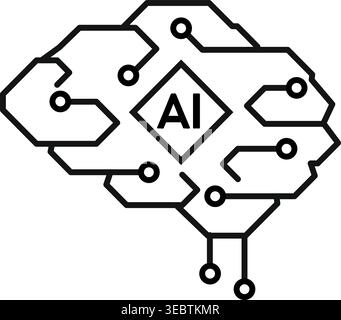 Microchip integrated linear brain symbol. Vector artwork for AI intelligence concept, neural technology branding, futuristic mind. Stock Vector