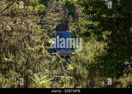 A decorative azulejo tile panel sits on a stone balustrade in Monte Palace Tropical Garden, Funchal, Madeira, as midday light filters through pines an Stock Photo