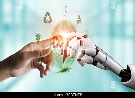 Human Hand Reaching Out to Robot Hand with Environmental Symbols, Concept of Technology, Ecology, and Sustainability in a Digital World Quark. Stock Photo