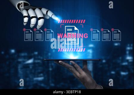 A striking image showcasing a robotic hand pointing at a warning symbol on a digital tablet, emphasizing the intersection of AI technology and data Stock Photo
