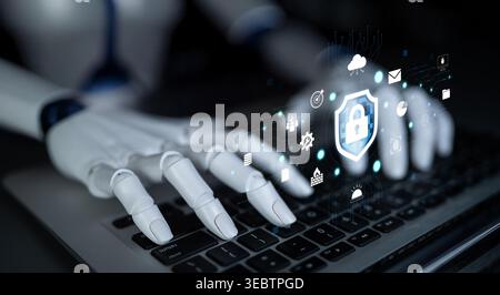 Futuristic robotic hand interacting with digital security icons while typing on a laptop keyboard illustrating cybersecurity concepts and Stock Photo