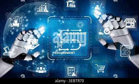 Futuristic Digital Management and Procurement Concept with Robotic Hands Interacting with Software Icons and Data Visualizations in a Technological Stock Photo