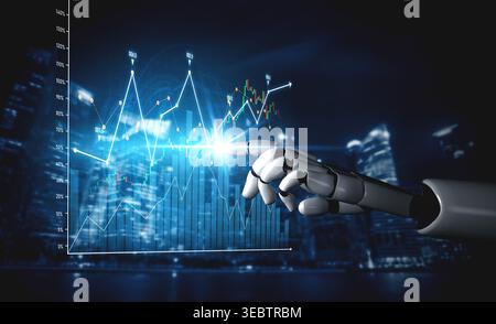 A robotic hand interacts with glowing financial data graphs against a futuristic cityscape, representing the fusion of technology and finance in Stock Photo