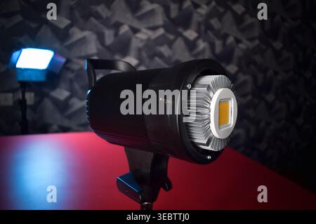 Side View of Professional LED Video Light in Studio Setup for Filmmaking and Cinematic Lighting Production Stock Photo