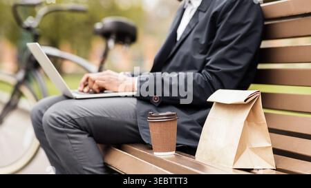 Man Using Laptop on a Bench With Food and Drink in a Park Setting Stock Photo