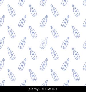 Seamless pattern with message bottles in blue line style on white background. Outline nautical print.  Stock Vector