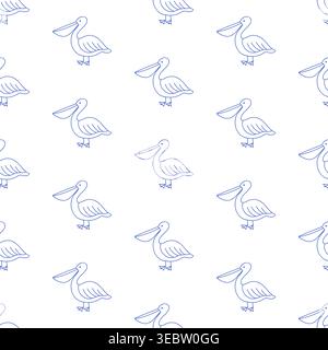 Seamless pattern with pelicans in blue line style on white background. Outline coastal print. Stock Vector