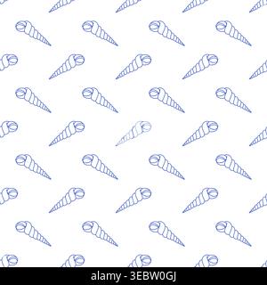 Seamless pattern with spiral seashells in blue line style on white background. Outline coastal print.  Stock Vector