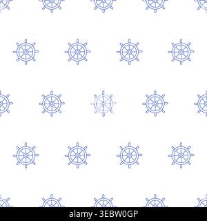 Seamless pattern with ship wheels in blue line style on white background. Outline nautical print. Stock Vector