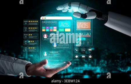 Futuristic Robot Hand Interacting with Digital Advertising Dashboard Displaying Analytics and User Data in a Technology-Driven Environment Sigmoid Stock Photo