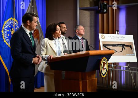 Washington DC, USA. 27th April, 2026. Jeanine Pirro, United States Attorney for the District of Columbia makes remarks during a press conference about Cole Tomas Allen, the suspect in the White House Correspondents' Association dinner shooting, at the US Department of Justice in Washington, DC, USA, on Monday, April 27, 2026. Credit: MediaPunch Inc/Alamy Live News Stock Photo