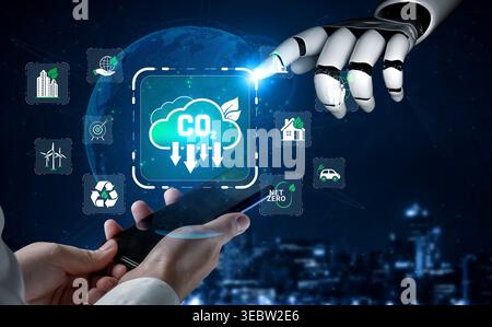 Futuristic concept of carbon emission reduction through technology, showcasing robotic hand interacting with digital cloud symbols and smartphone Stock Photo