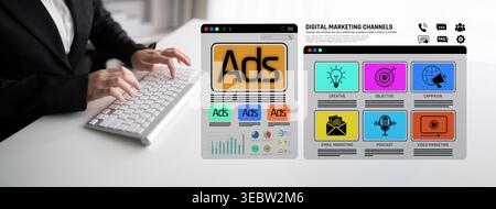 Digital Marketing Strategy Concept with Web Pages and Hands Typing on Keyboard to Enhance Online Advertising and Campaigns Effectively Sigmoid Stock Photo