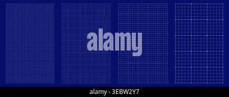 Blueprint grid set millimeter cross guide geometry, four scale variations. Wide medium dense micro spacing comparison, layouts dashboards notebook pages interface planning systems technology graphics  Stock Vector