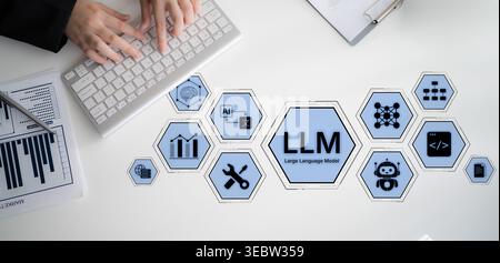 Large Language Model LLM processing data. Represents deep text learning, natural language processing NLP AI tech, transformer architecture, and Stock Photo