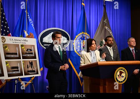 Washington DC, USA. 27th April, 2026. Jeanine Pirro, United States Attorney for the District of Columbia makes remarks during a press conference about Cole Tomas Allen, the suspect in the White House Correspondents' Association dinner shooting, at the US Department of Justice in Washington, DC, USA, on Monday, April 27, 2026. Credit: MediaPunch Inc/Alamy Live News Stock Photo