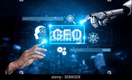 Digital marketing concept featuring GEO strategy. Generative AI search visual shows GEO interface integrating intelligence, logic, and AI input system Stock Photo