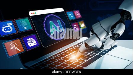Futuristic Robot Hand Interacting with Laptop Displaying AI Icons and Graphics Representing Modern Technology and Innovation Concepts Sigmoid Stock Photo