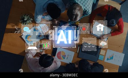 A diverse group of professionals collaborates on artificial intelligence strategies, surrounded by digital icons representing technology and data Stock Photo