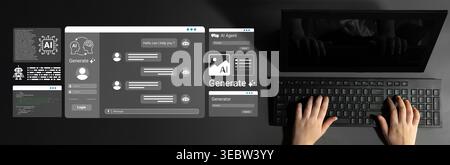 A top-down view of hands typing on a keyboard with an AI chat interface displayed on the screen, showcasing technology and communication in a modern Stock Photo