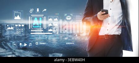 Business Professional Using Smartphone with Futuristic AI Interface Over Cityscape Background Displaying Data and Insights for Digital Innovation Stock Photo