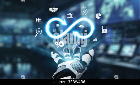 A detailed image of a robotic hand interacting with floating digital icons. The scene symbolizes innovation and technology in a modern workspace Stock Photo