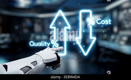 A futuristic robot hand points toward a digital graph illustrating rising quality and falling cost, symbolizing advancements in technology and Stock Photo