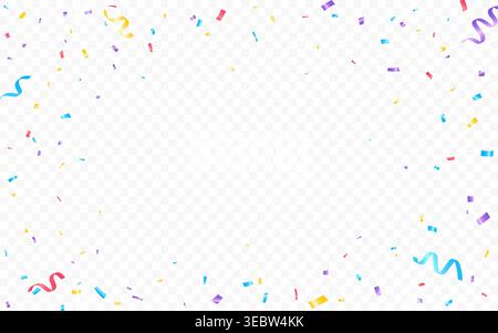 Confetti background with colorful streamers. Festive celebration frame with copy space. Falling color pieces. Carnival paper burst isolated on Stock Vector