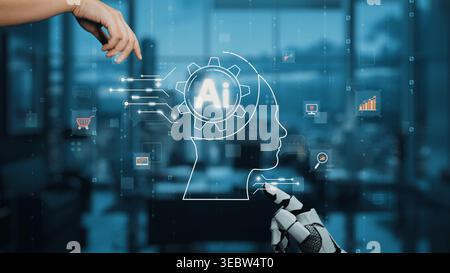 Human Hand Interacting with Robotic Artificial Intelligence Symbol Against a Modern Business Background Showcasing Advanced Technology Concepts Stock Photo
