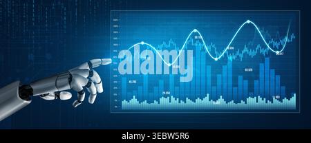 A robotic hand points to a digital stock market graph displaying fluctuating lines and bar charts, representing advanced data analysis and financial Stock Photo