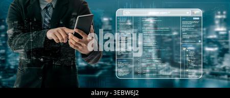 Business professional using smartphone while interacting with digital interface displaying data analytics and coding elements in a futuristic Stock Photo