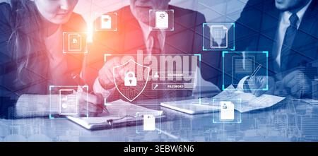 Business professionals collaborating on data security strategy with digital icons for data protection, passwords, and privacy measures in modern Stock Photo