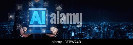 Professional Man Holding Tablet with AI Innovations and Digital Technology Icons Surrounded by Urban Cityscape at Night Sigmoid Stock Photo