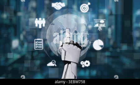 A cutting-edge robotic hand reaches out to engage with a digital interface, showcasing global technology elements and data analytics in a vibrant Stock Photo