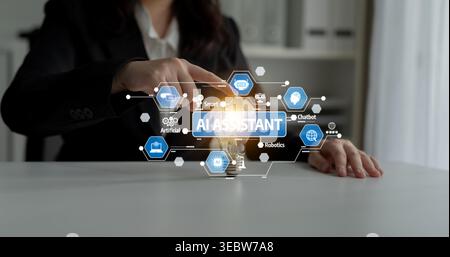 A business professional engages with innovative AI systems, showcasing the integration of technology in modern workplaces. Emphasizing digital Stock Photo