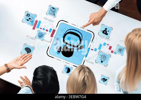 Group of People Analyzing Digital Financial Data with Chatbot Icon on Abstract Touchscreen Interface in Modern Office Sigmoid Stock Photo