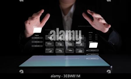Project management system showing workflow stages, task progress, and review status. Task progress tracks completion, task progress improves workflow Stock Photo