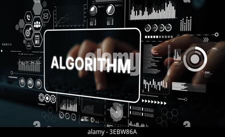 Futuristic Digital Interface with Algorithm Text and Data Visualization Concept for Technology and Innovation Themes. Asymptotic smart data analytic. Stock Photo
