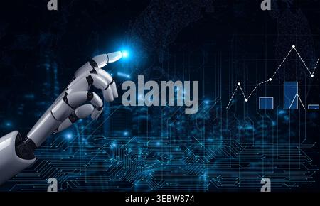 A close-up view of a robotic hand reaching out, interacting with glowing digital graphs and circuits in a modern, high-tech setting, symbolizing Stock Photo