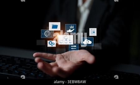 Digital business infrastructure with data system, analytics, sync. System management improves access, system management ensures performance, and Stock Photo