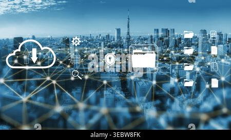 Modern Digital Infrastructure Concept with Cloud Computing Connection Over City Skyline in Blue Tones Featuring Data Storage and Security Icons Quark. Stock Photo
