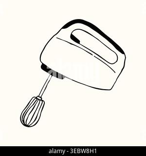 A classic electric hand mixer with a single beater attachment is shown in a clean line art style. Hand drawn vector illustration for appliance logos Stock Vector