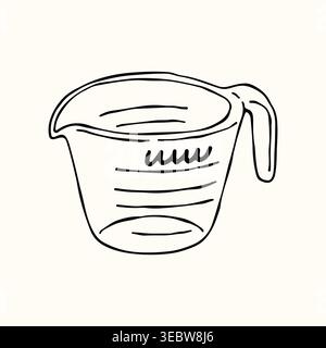 A liquid measuring cup or pitcher with volume markings and a handle is illustrated in a simple line art style. This hand drawn vector is essential for Stock Vector