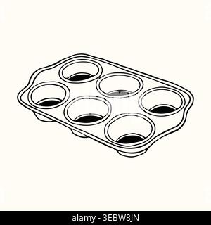 A six cup muffin or cupcake baking pan is drawn in a minimalist line art style. This hand drawn vector illustration is perfect for recipes, bakery Stock Vector